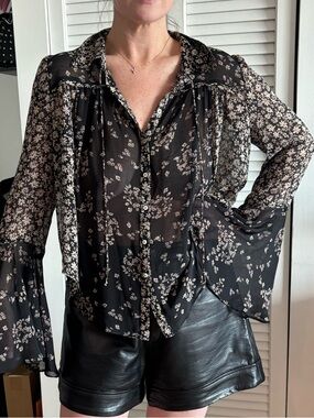Free People Black Sheer Floral Button-Down Blouse